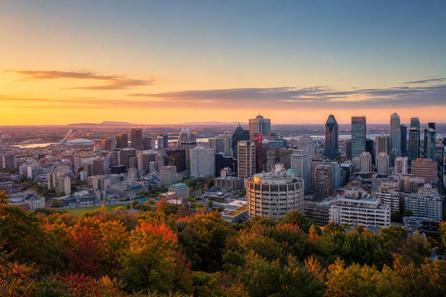 Montreal skyline at golden hour from Mont Royal