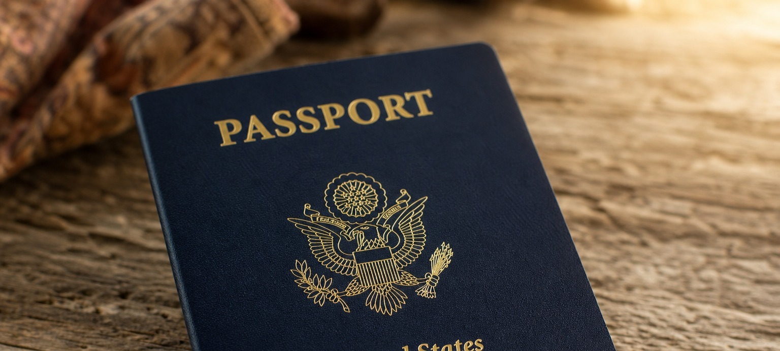 United States passport on rustic wood surface