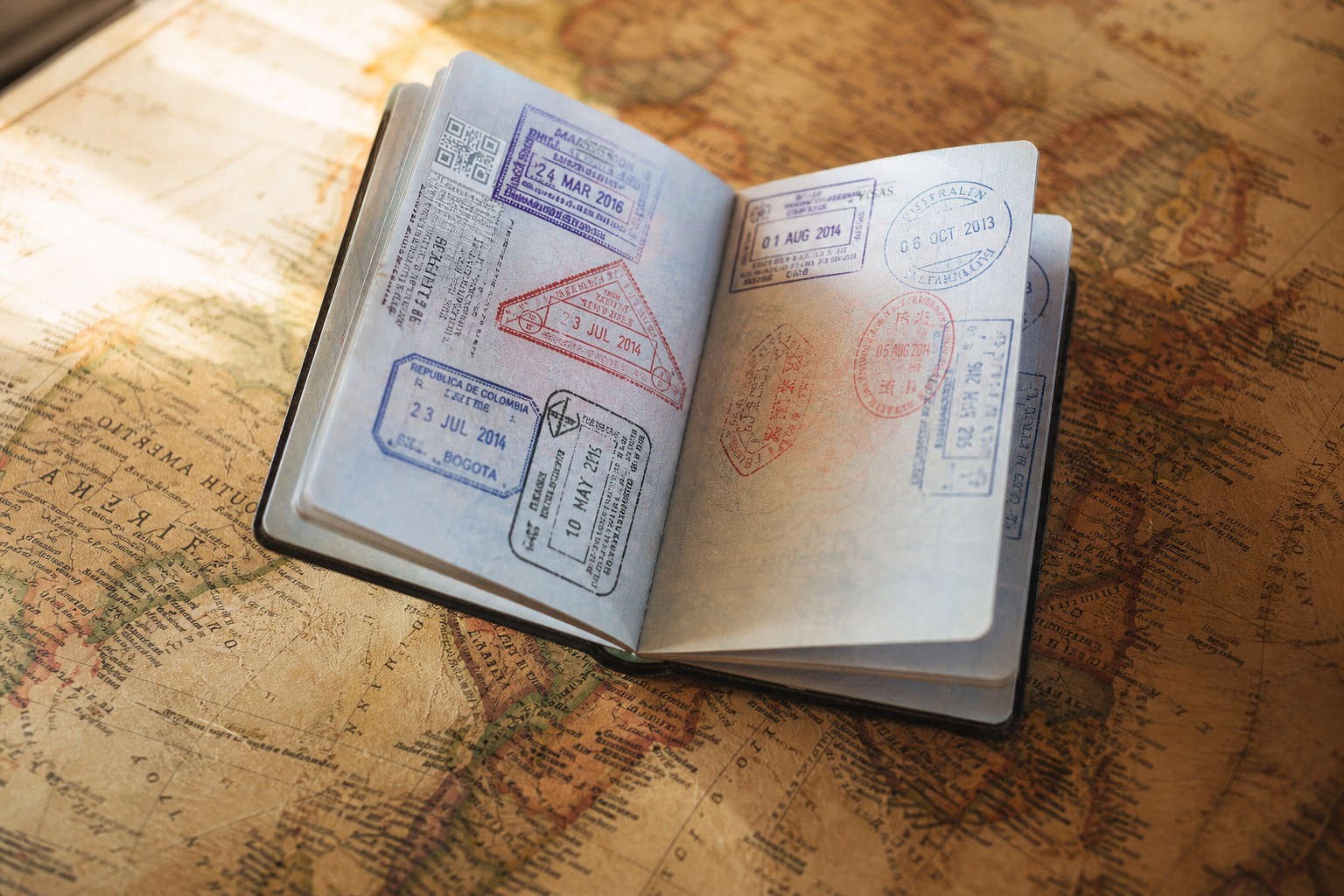 Open passport with colorful immigration stamps on vintage world map