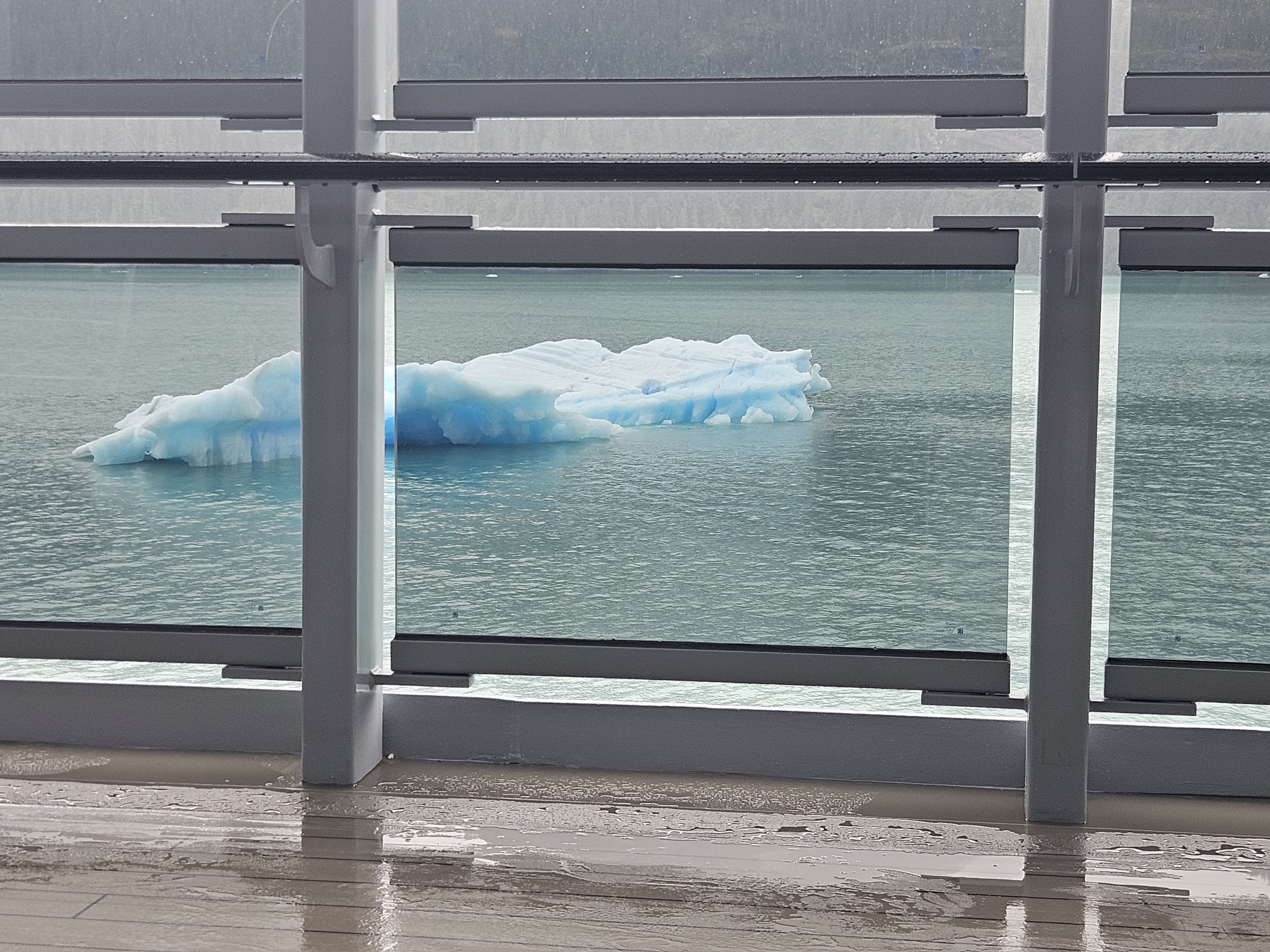 Bright blue iceberg seen past the ship railing in Endicott Arm